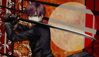 Man holding sword red background 2 - shin hanga free wallpaper