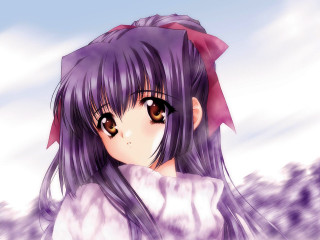 Anime girl purple hair bow - sōsaku hanga free wallpaper