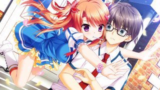 Anime couple hugging room window - a brick wall free wallpaper