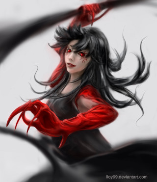 Woman long hair red gloves - a demon like face free wallpaper