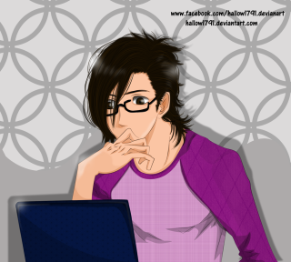Woman sitting laptop hand chin - an anime drawing free wallpaper