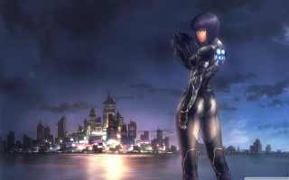 Futuristic woman suit city skyline - full free wallpaper