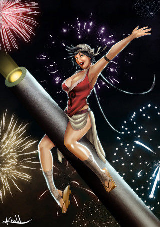 Woman flying giant pencil fireworks - free new year wallpaper