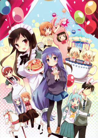 Anime girls balloons cake celebration - free happy birthday wallpaper
