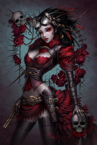 Woman red corset skull knife - a skull free wallpaper