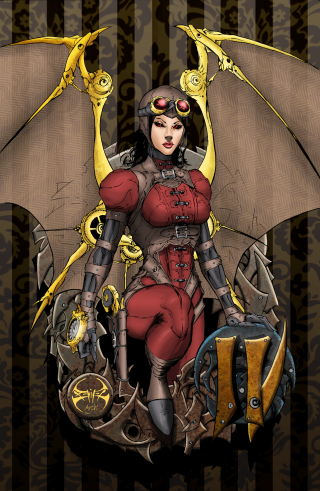 Woman red outfit bat wings - steampunk free wallpaper