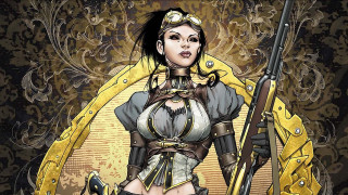 Woman gun yellow jacket shoulders - steampunk free wallpaper