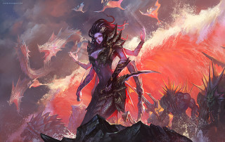 Woman sword mountain birds flying - amano free wallpaper