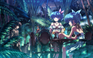 Anime girls forest table plants - behind them free wallpaper
