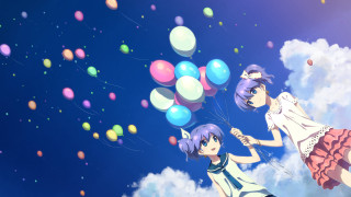 Anime girls flying balloons blue - the sky in the background free wallpaper