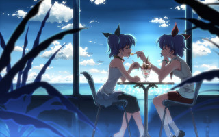 Anime girls eating food window - summer free wallpaper for desktop