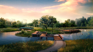 Park bridge bench pond ducks - a pond free wallpaper