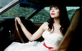Woman white dress car red - a car free wallpaper
