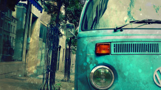 Blue van parked street building 2 - vintage free wallpaper