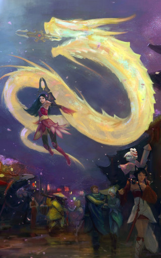 Woman flying yellow circle group - a painting of a woman free wallpaper