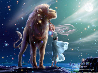 Woman lion night sky stars - star and a moon in the background free wallpaper