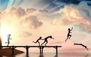 People jumping bridge water lighthouse - 2 d game art free wallpaper