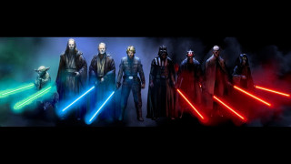 Costumed people lightsabers swords group - war free wallpaper