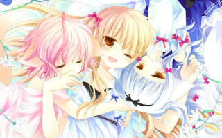 Anime girls hugging flowers cat - official free wallpaper for desktop