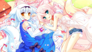 Anime girls bed flowers petals - furry free wallpaper
