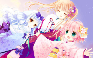 Anime girls hugging pink kimono - a pink dress free wallpaper