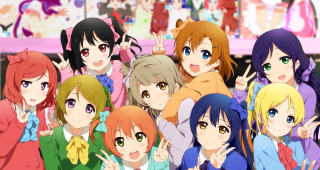 Anime girls group posing hands - a picture together free wallpaper