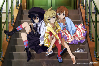 Anime girls sitting steps building - their leg free wallpaper