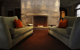 Living room fireplace two couches - warm free wallpaper