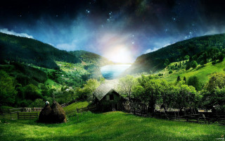Cabin green field lake mountains - a painting of a cabin free wallpaper