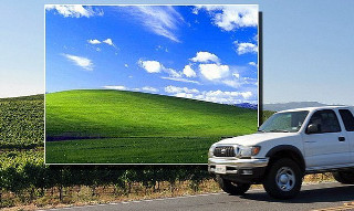 White truck driving green field - a road next free wallpaper