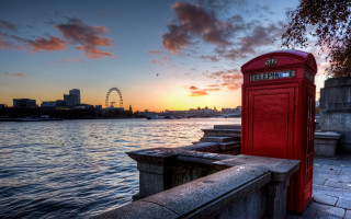 Red phone booth sunset water - andrew bell free wallpaper