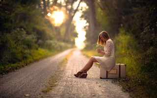 Woman sitting suitcase road flower - anka zhuravleva free wallpaper