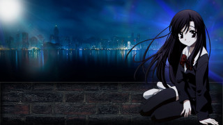 Girl brick wall city skyline - a city skyline free wallpaper