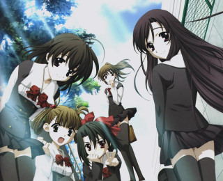 Anime girls group building trees - the background free wallpaper