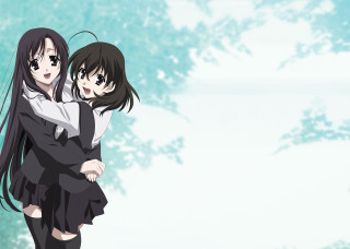 Anime girls hugging tree sky - rayonism free wallpaper