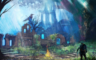 Man fantasy building forest bird - game art free wallpaper