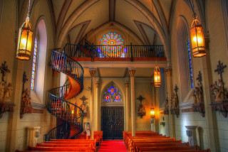 Church red carpet staircase stained - stained glass window free wallpaper