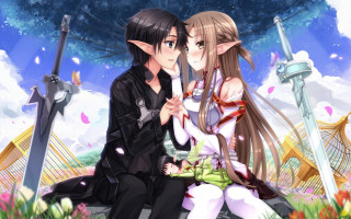 Anime couple bench sky background - a bench together free wallpaper