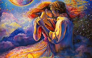 Couple embracing sky sun clouds - oil painting free wallpaper