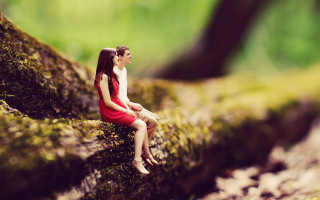 Miniature girl sitting mossy log - tilt shift free wallpaper
