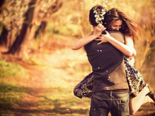 Man woman hug woods holding - their hair free wallpaper