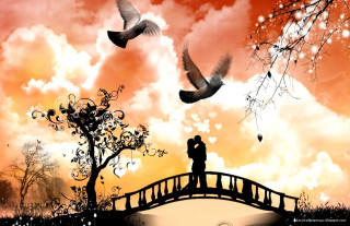 Couple bridge birds sunset clouds - romantic free wallpaper