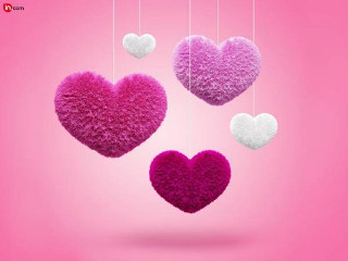 Pink white heart hanging strings - a cross stitch free wallpaper