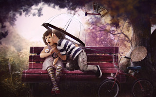 Woman bench umbrella bike sitting - digital painting free wallpaper