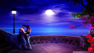 Couple kissing balcony ocean night - romantic free wallpaper
