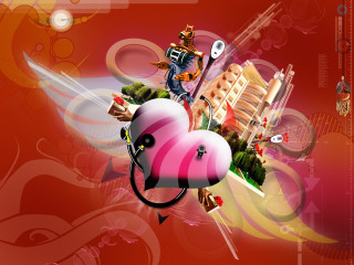 Pink heart robot city background - a pink heart free wallpaper