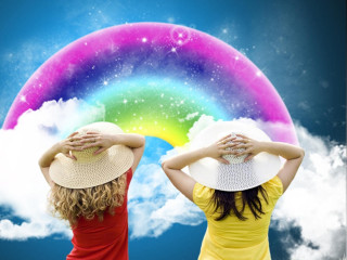 Women yellow dresses hats rainbow - a rainbow in the sky free wallpaper