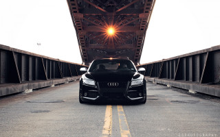 Black car driving bridge bright - a yellow line free wallpaper