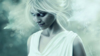 Woman white dress green background - a cigarette free wallpaper for desktop