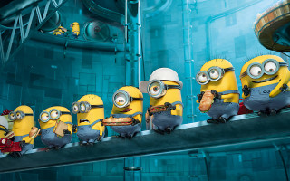 Minions lined up movie scene 2 - a blue wall free wallpaper